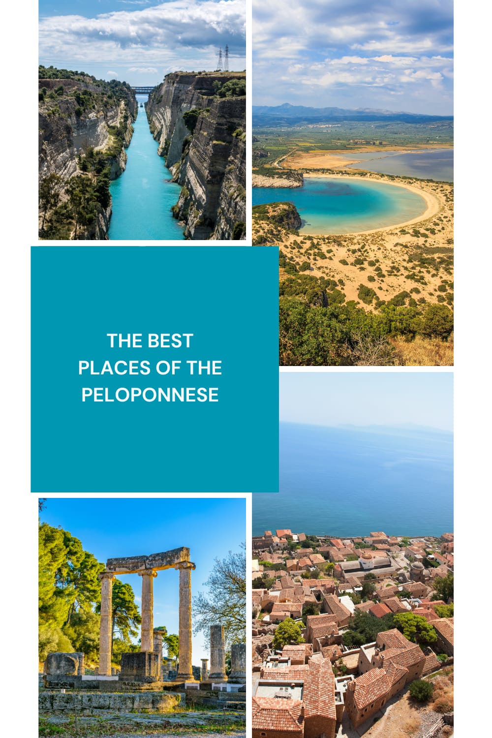 Peloponnese Greece travel collage with Corinth Canal, Voidokilia Beach, ancient ruins and a historic seaside town